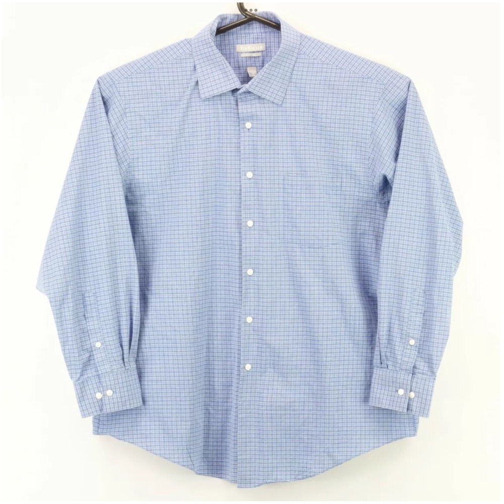 Van Heusen Men's Button Up LS Collared Fitted Shirt Size 18 34/35 Blue Plaid euc